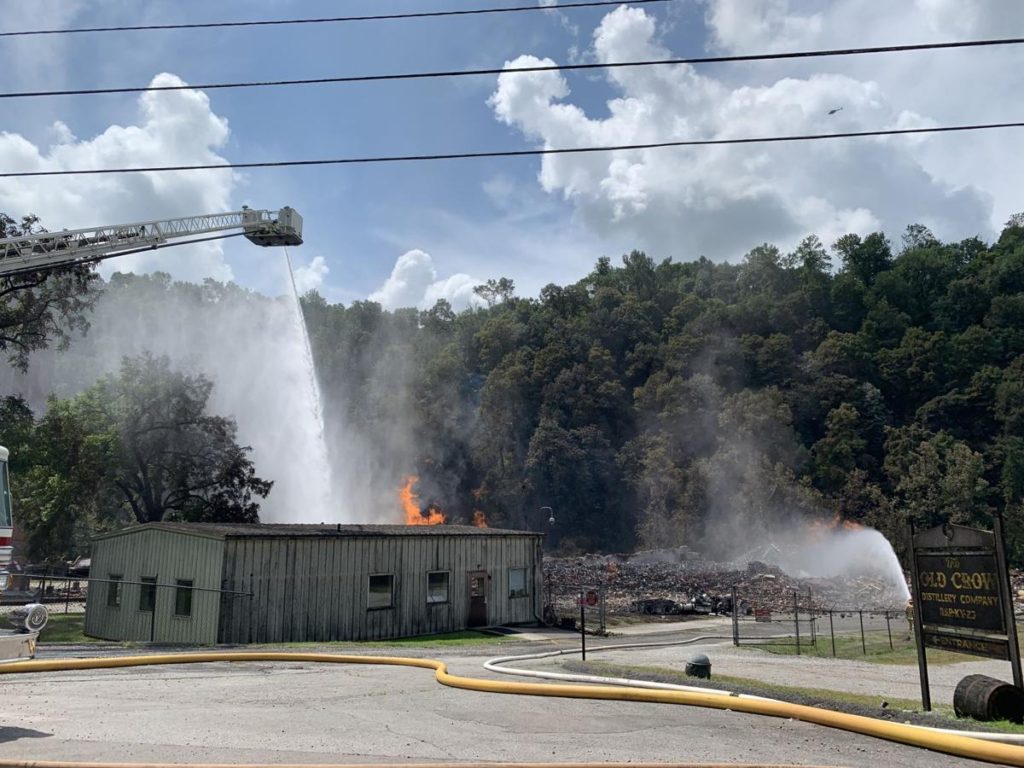 Picture of smoldering Jim Beam warehouse in Woodford County