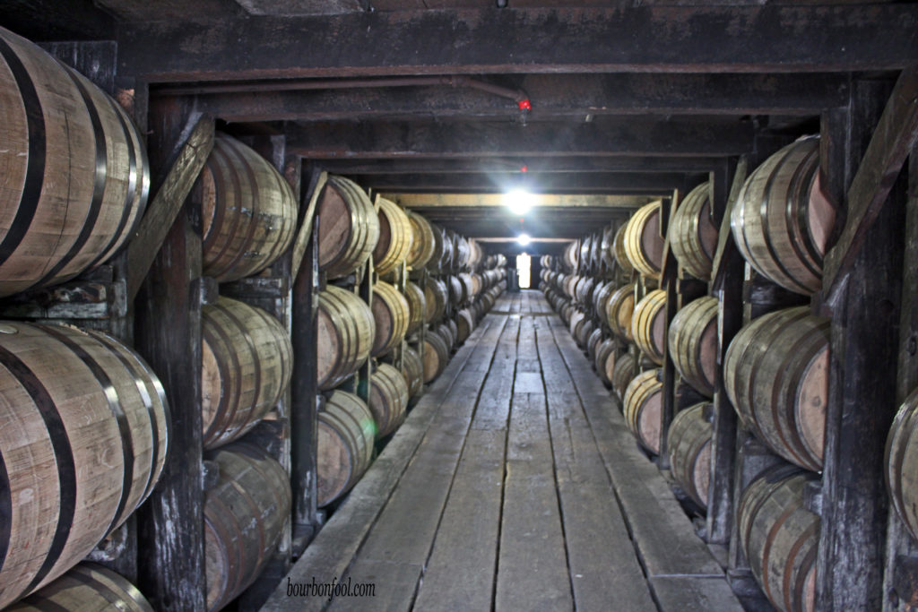 View of the inside of a rickhouse at Buffalo Trace Distillery