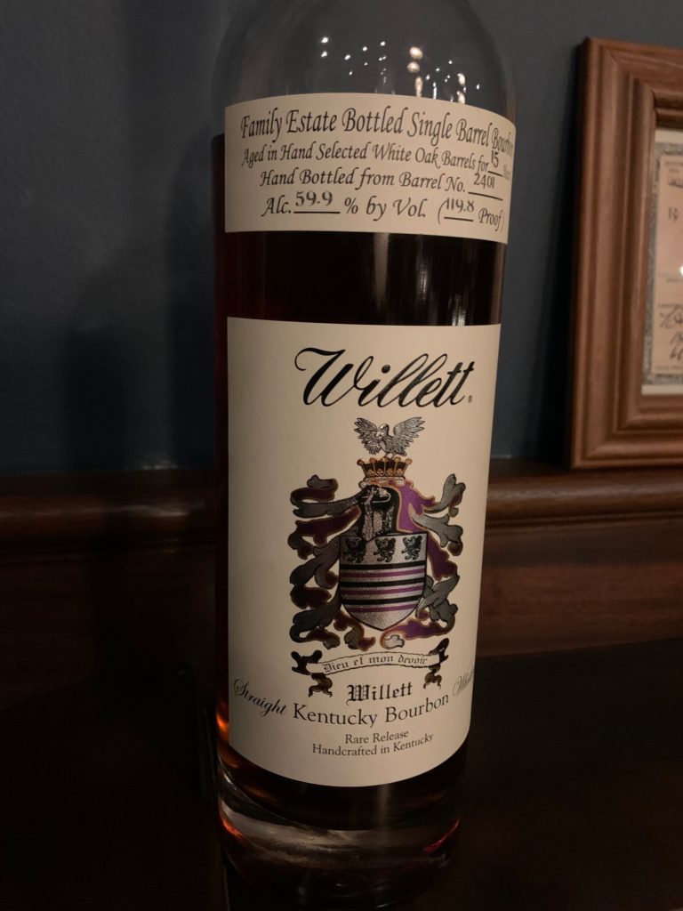 Bottle of 15 year old Willett Family Estate Bourbon.