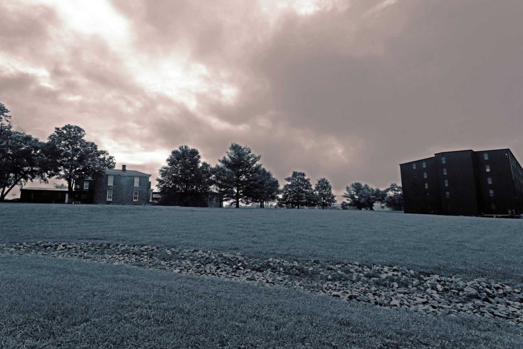 The rainy grounds of Wilderness Trail Distillery
