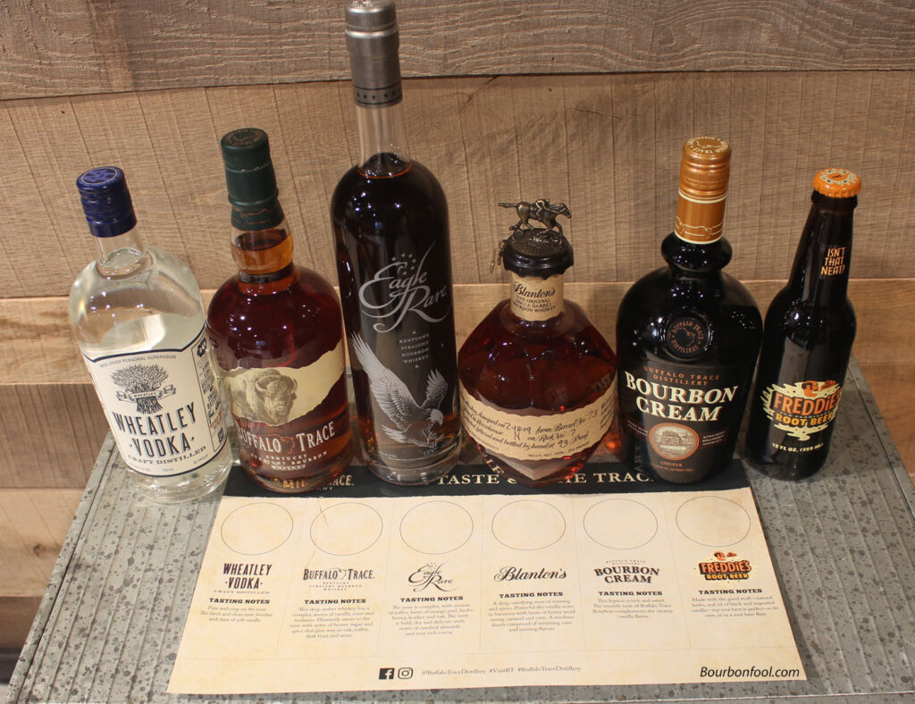 Tasting mat and bottles at Buffalo Trace Distillery