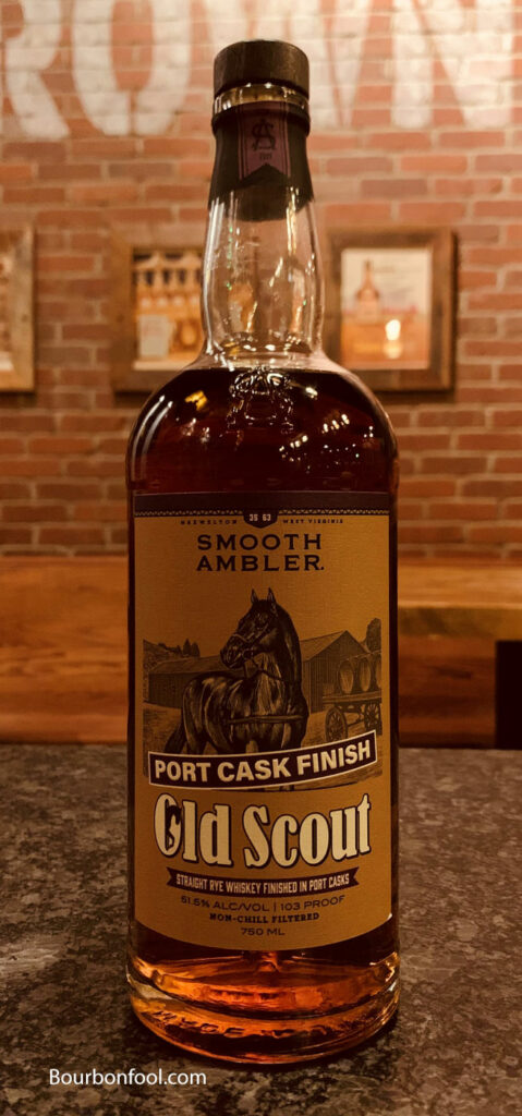 Bottle of old scout rye whiskey finished in port casks