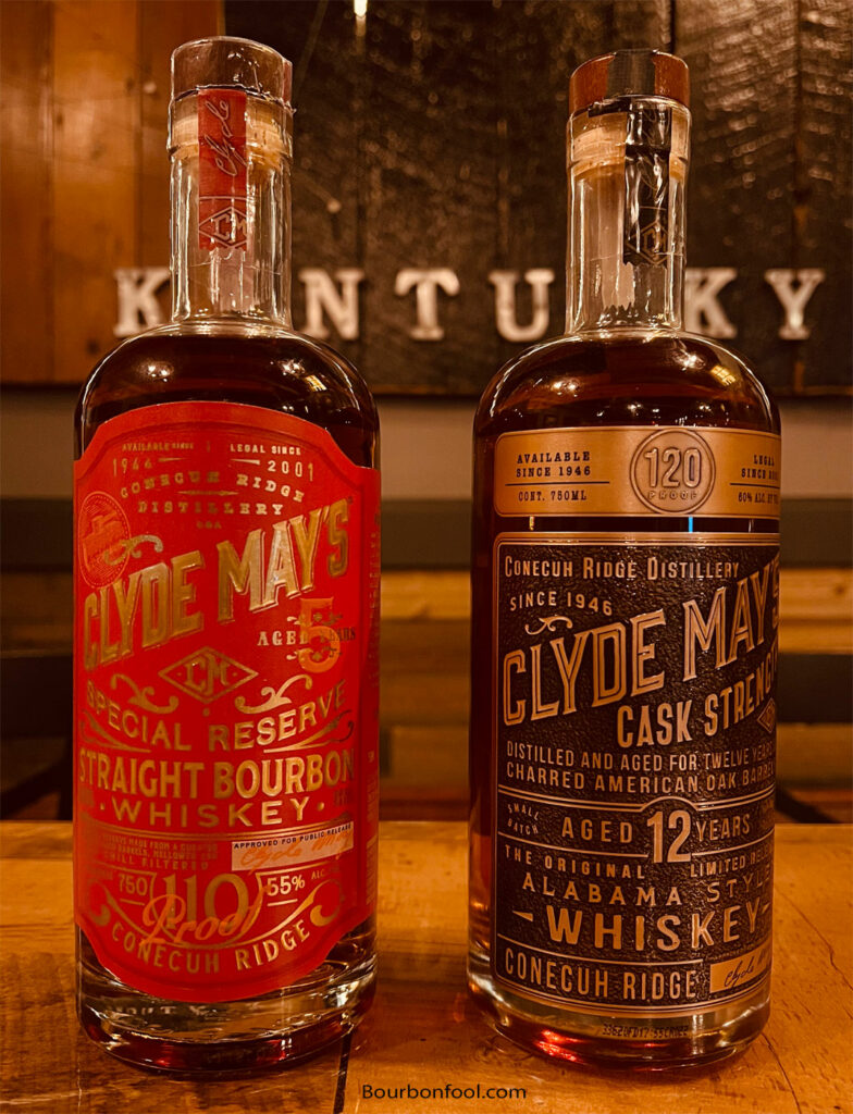 Two bottles of Clyde May's whiskey from American Moonshiner Clyde May.