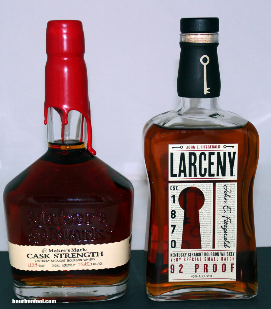 Makers Mark and Larceny bottles for a bourbon tasting at home