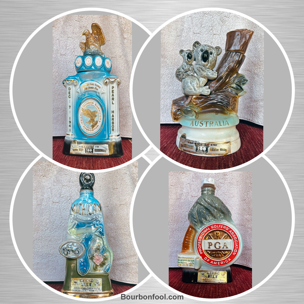 Collage of Four decorative bourbon decanters