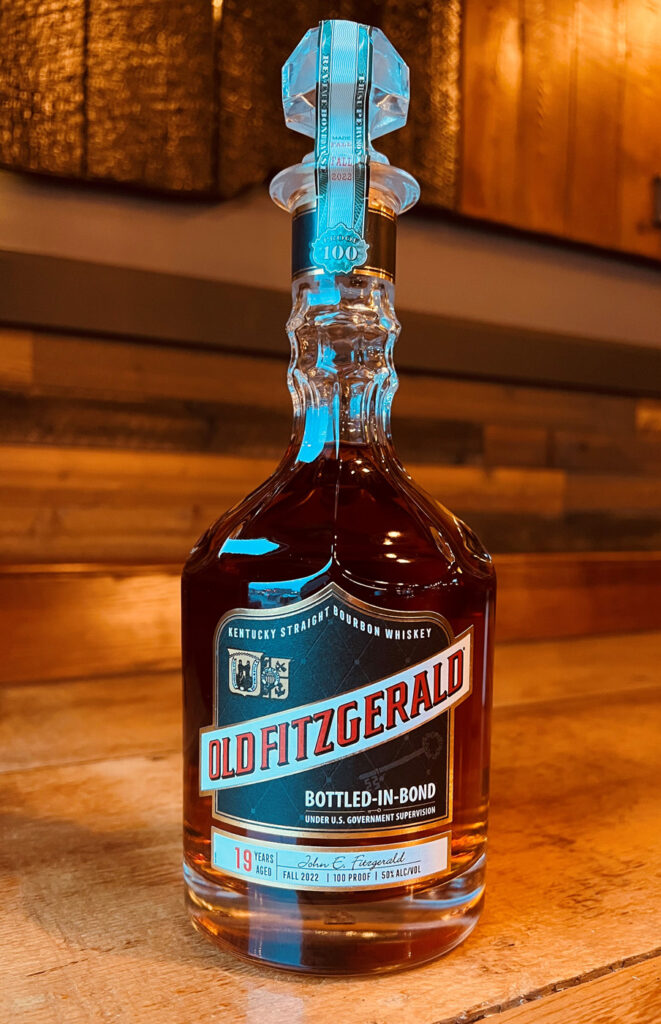 The beautiful decanter bottle of Old Fitzgerald 19-year-old bottled in bond Kentucky straight bourbon.