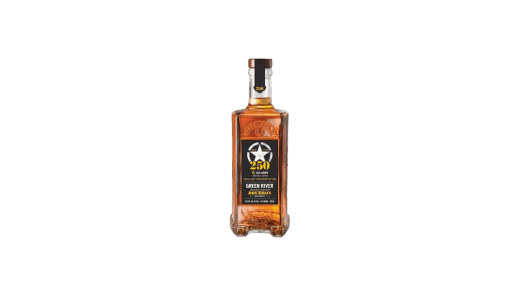 Whiskey, War, and Freedom is shown in a bottle of Green River's 250th Anniversary bottle celebrating the U.S. Army.