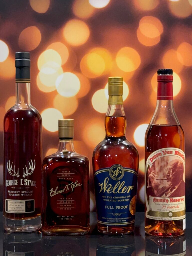 A festive array of Bourbon Bottles made for the story of bourbon Christmas Legends