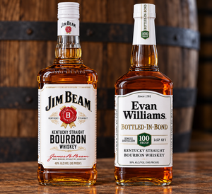 Side by side comparison of Jim Beam White Label and Evan Williams Bottled in Bond bottles.